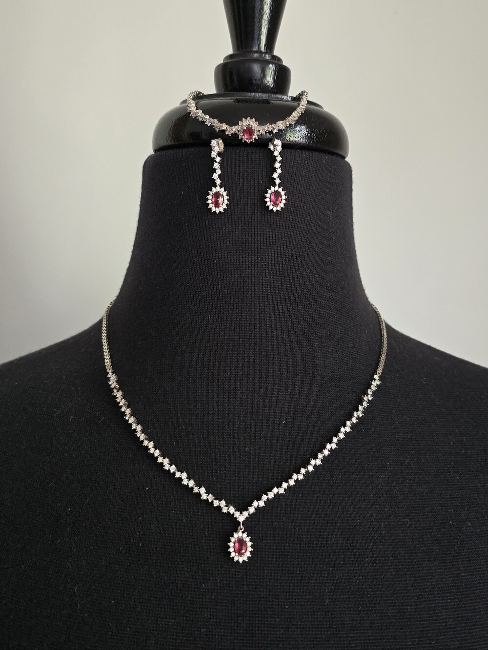 3 Pc Sterling Silver CZ Ruby Necklace, Bracelet and Drop Earring Set